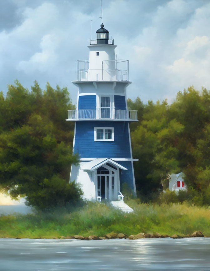 Scenic blue and white lighthouse painting near calm water