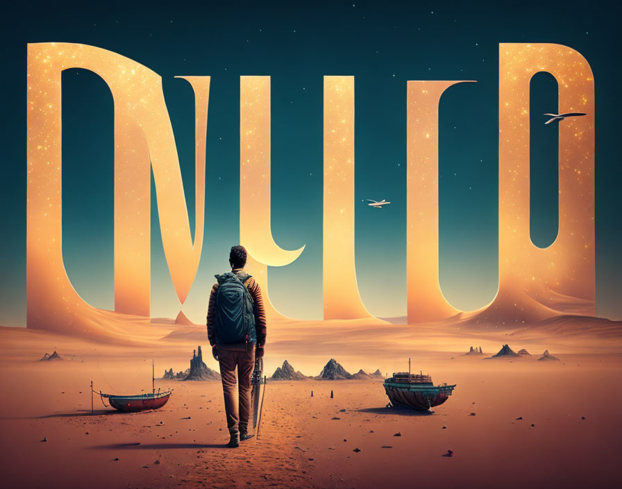 Person in desert with glowing "NULL" letters, boats, and birds under dusky sky