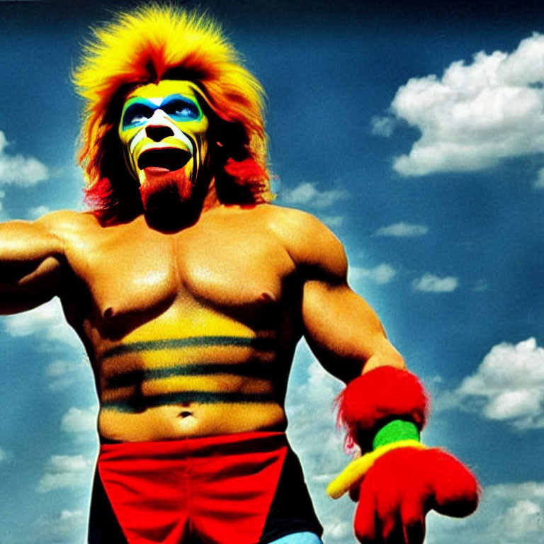 Muscular person in lion mane wig and face paint under blue sky