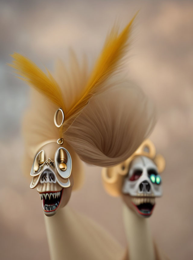 Stylized skull earrings with gold accents on blonde hair buns