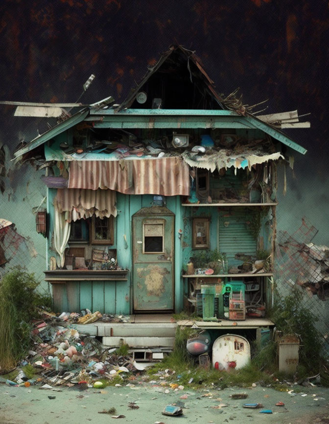 Decrepit Two-Story House with Damaged Roof and Cluttered Porch