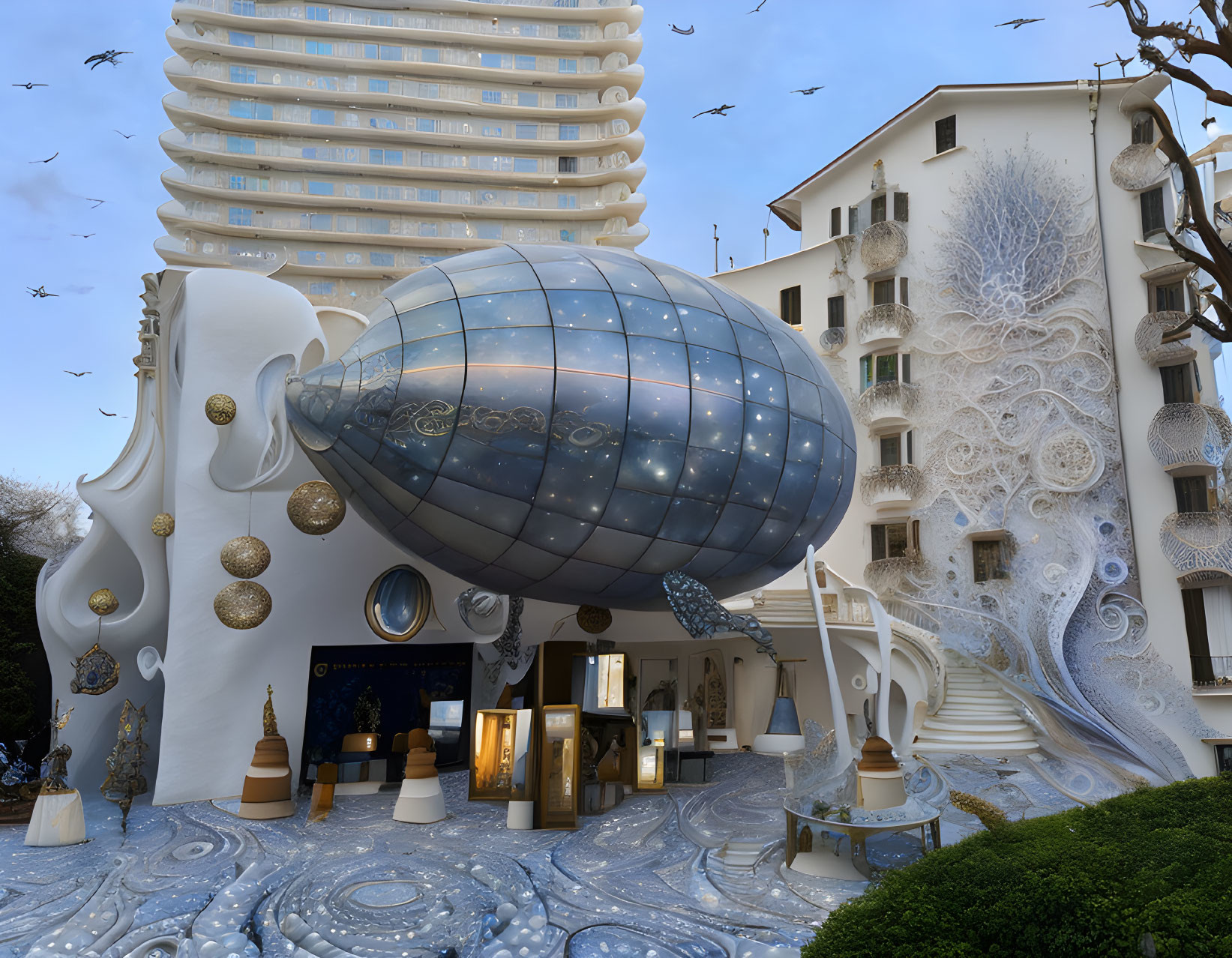 Surrealist cityscape with organic white structure and zeppelin-like object