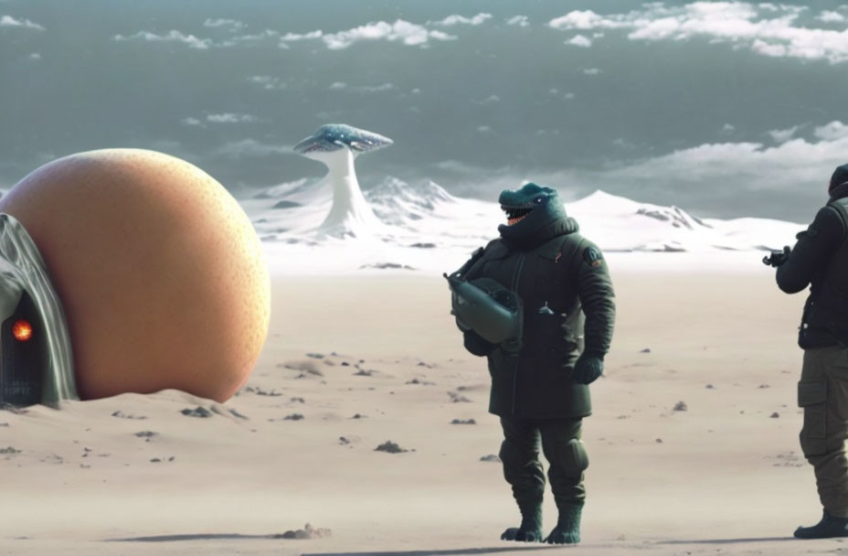 Astronauts view alien landscape with giant egg-like structure and mushroom entity