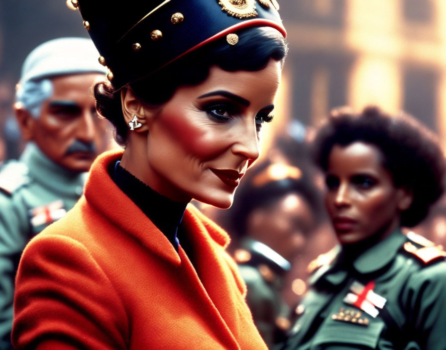 Profile view of woman in military uniform with soldiers in background