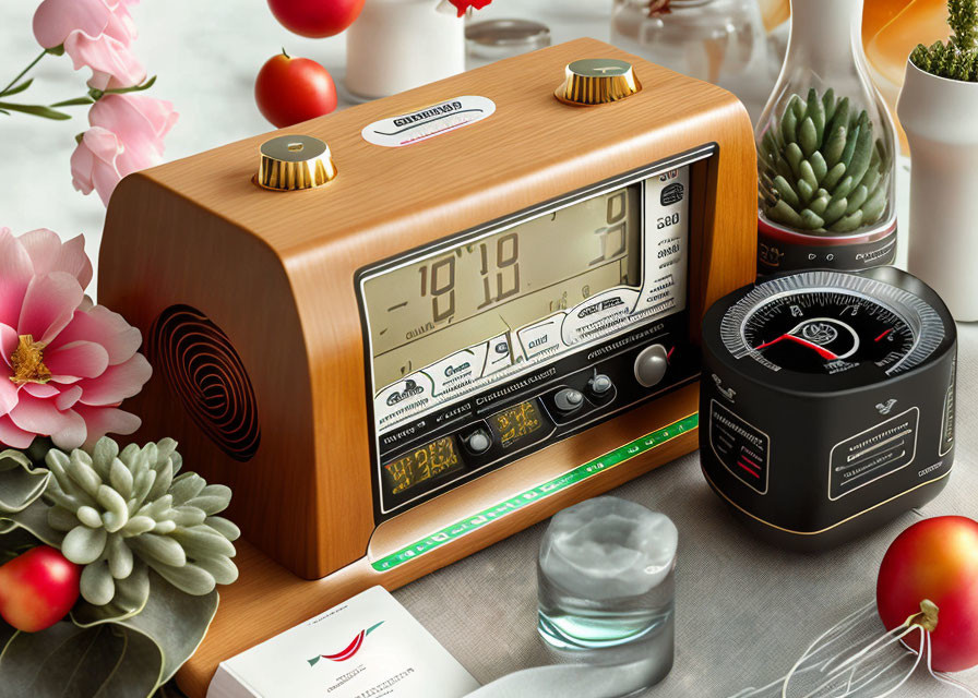 Digital radio alarm clock with vintage style and modern features on table with plants, flowers, and candle