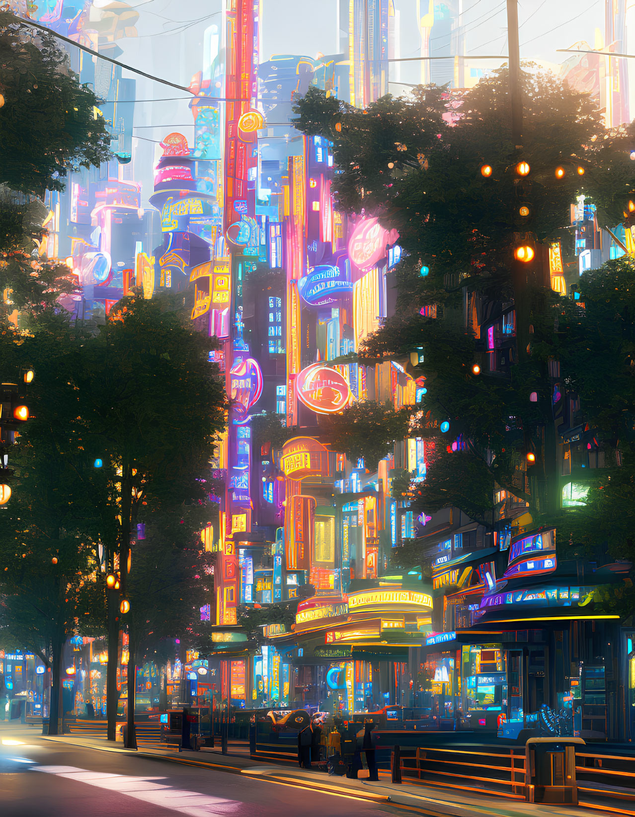 Futuristic cityscape at dusk with neon signs and glowing street lamps