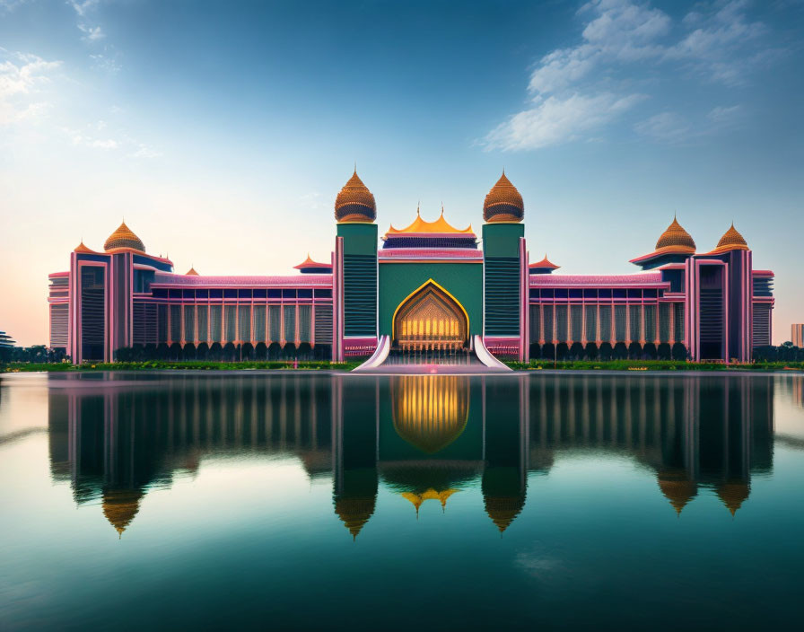 Modern building with traditional elements reflected in water at dusk