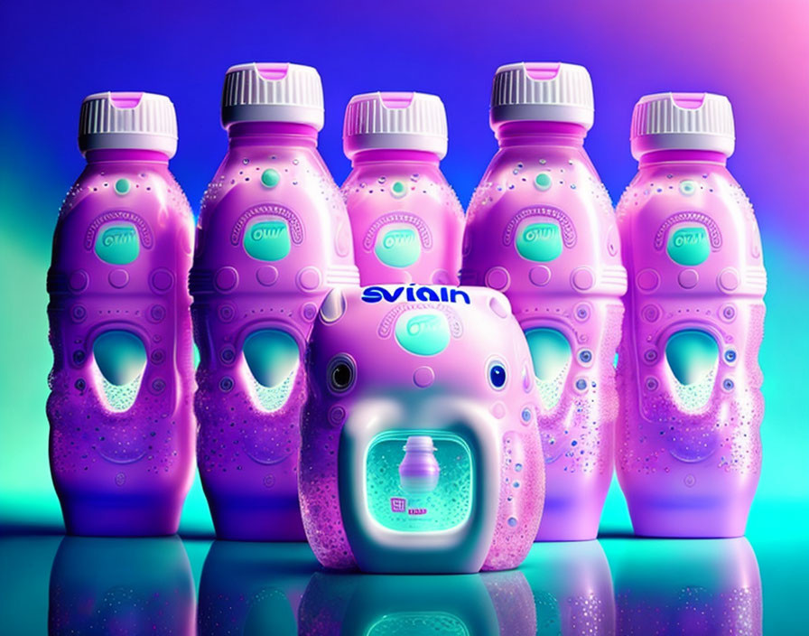 Purple detergent bottles with smiley face designs on blue and purple gradient.