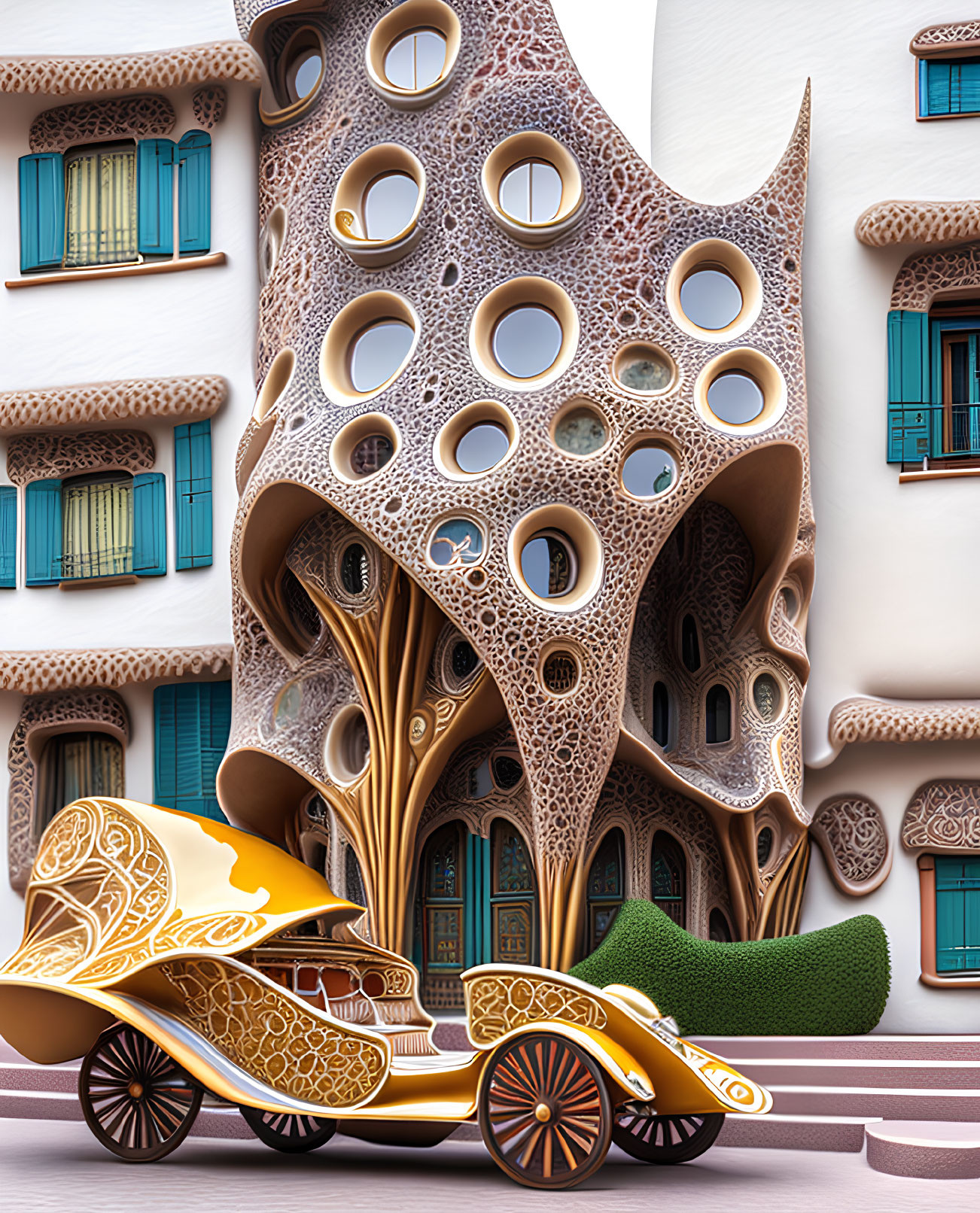 Whimsical image of tree-like building and ornate car in fantastical setting