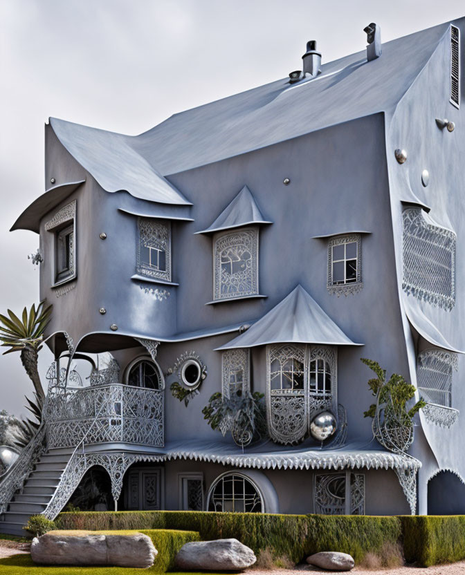 Whimsical house with slate gray exterior and ornate balconies