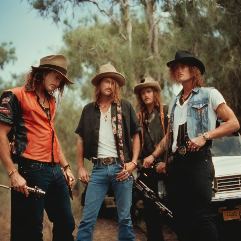 Four men in rugged attire with guitars outdoors