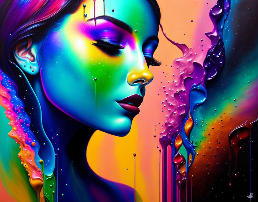 Colorful digital art: Woman with melting features in cosmic setting