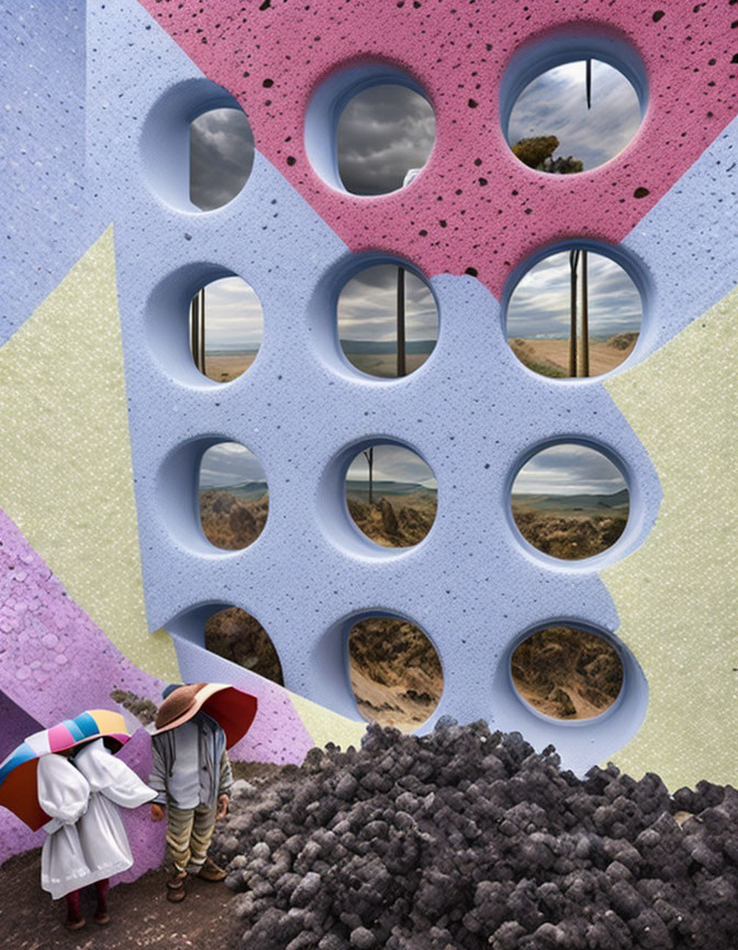 Surreal collage featuring figures under umbrella and landscapes in circular holes