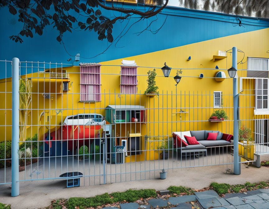 Colorful Yellow Building with Red Car and Greenery Setting