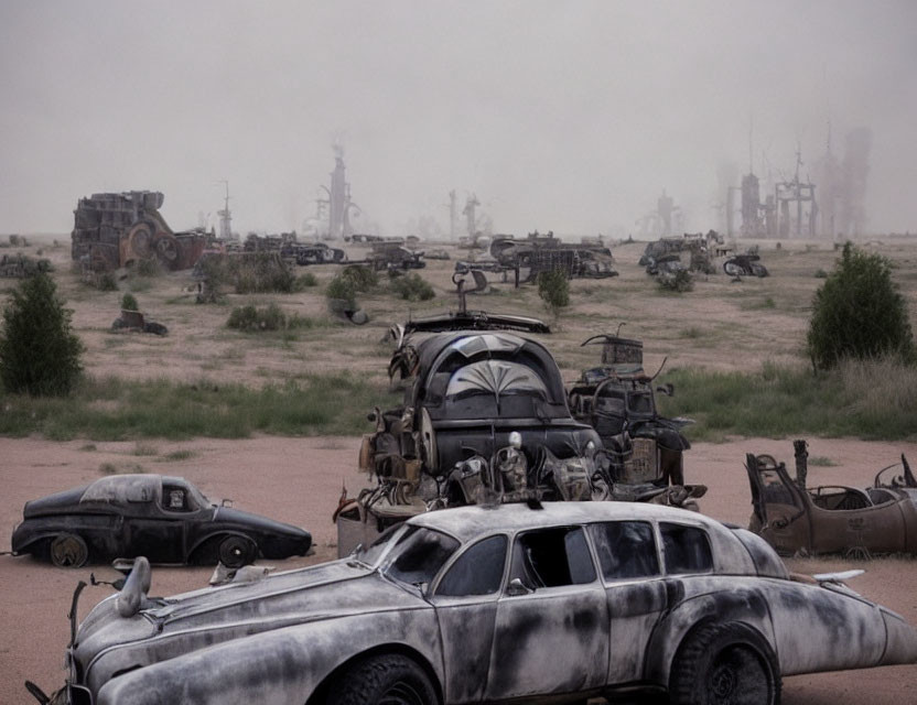 Desolate post-apocalyptic landscape with derelict vehicles and industrial structures.