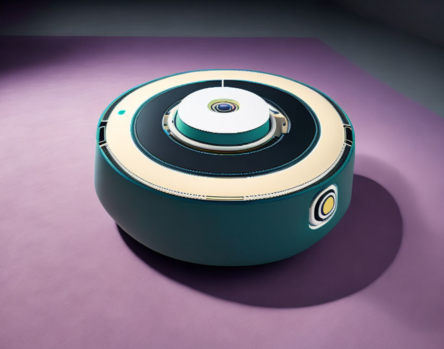 Sleek Teal and Black Circular Robotic Vacuum Cleaner on Purple Floor