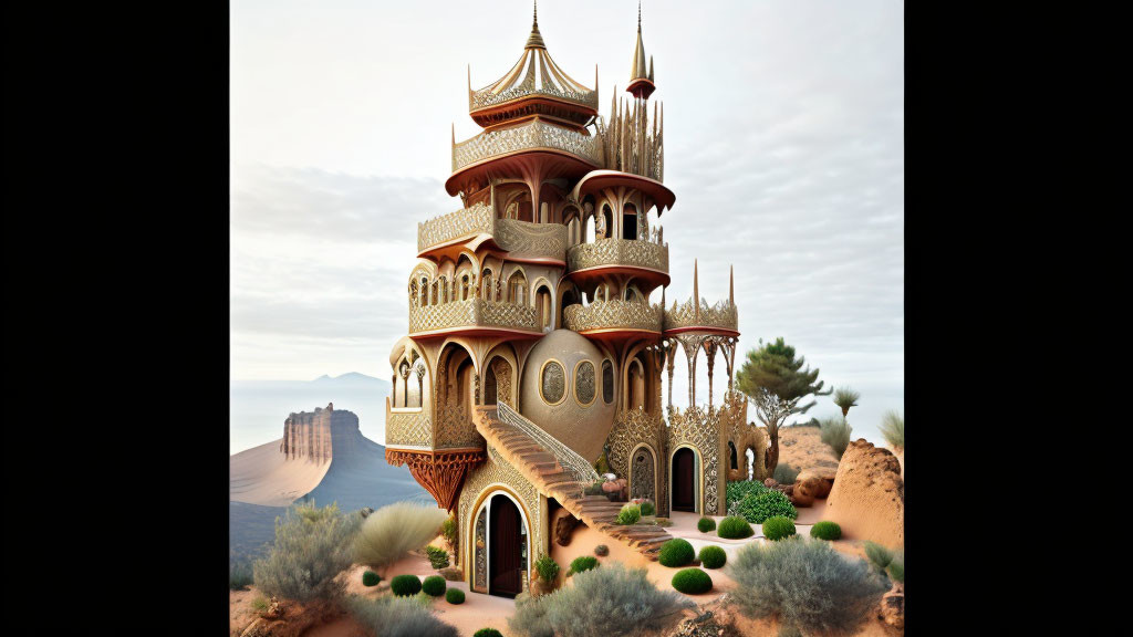 Ornate multi-tiered palace in desert landscape with traditional domes and spires