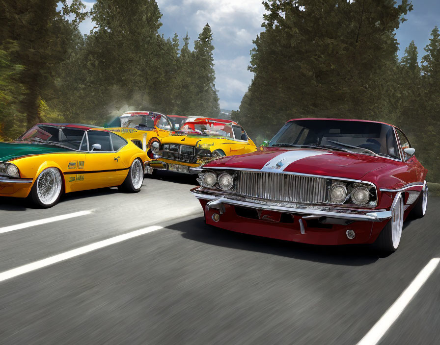 Classic cars racing on forest road with motion blur.