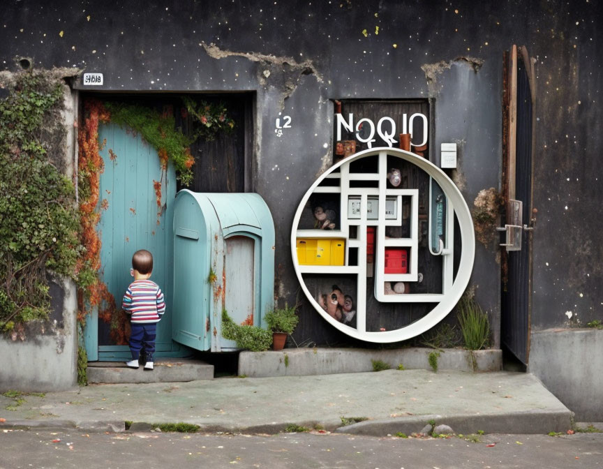 Child in Front of Quirky House Facade with Oversized Circular Window