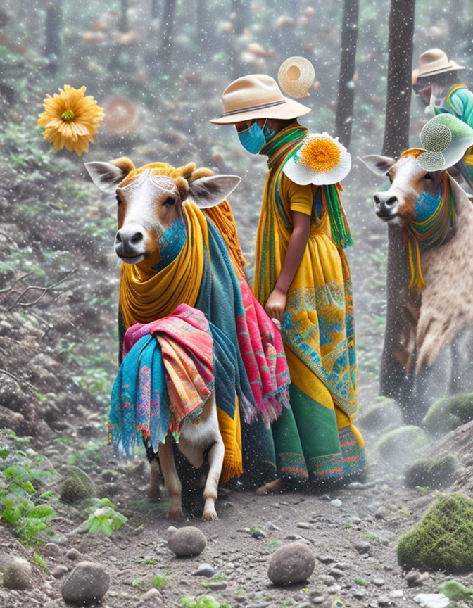 Colorfully dressed individuals lead decorated cows through misty landscape with reflective surfaces.