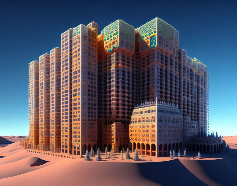 Futuristic building with honeycomb patterns in desert landscape