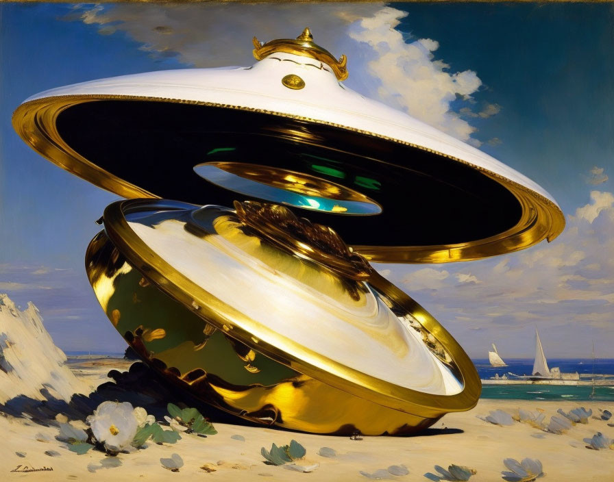 Golden Flying Saucer Lands on Sandy Beach with Sailboats in Distance