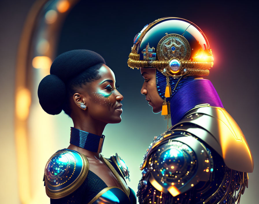 Futuristic African-inspired figures in elaborate attire against warm backdrop