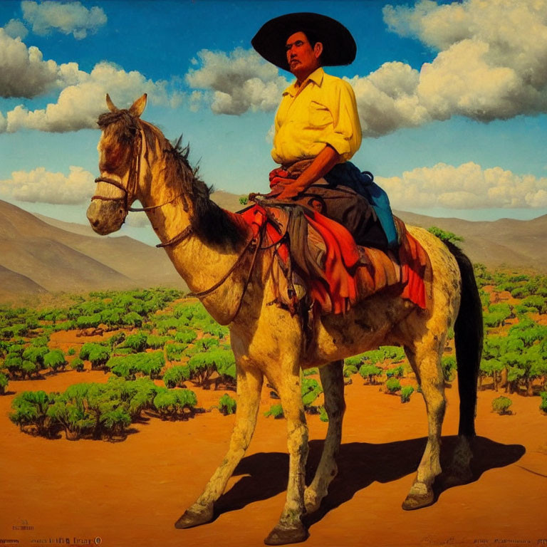 Person in Sombrero Riding Horse in Desert Landscape