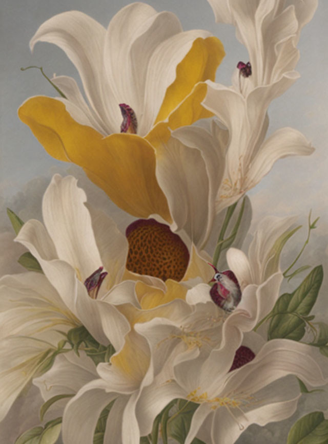 Large White and Yellow Flowers with Prominent Stamens and Small Insects - Detailed Painting