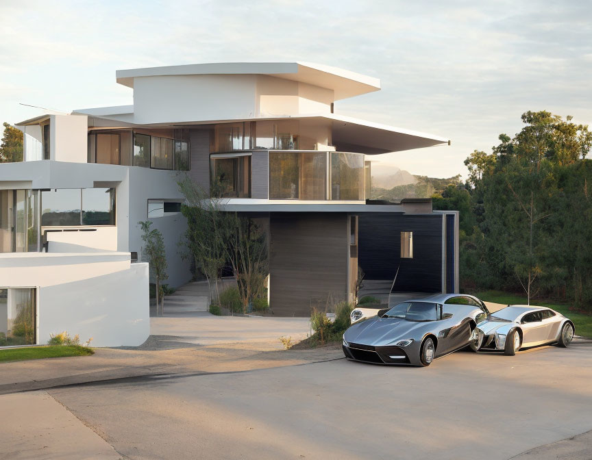 Luxurious modern home with flat roof, curved design, large windows, balconies, and parked cars