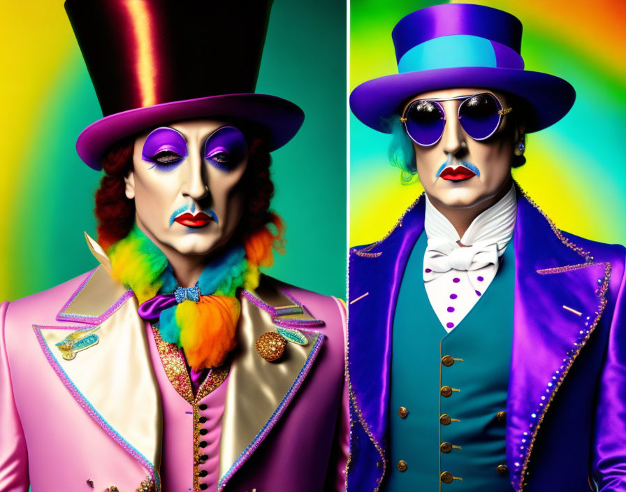 Vibrant circus-style portrait with colorful attire and accessories