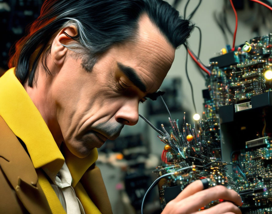 Man in Yellow Coat Examines Complex Circuit Board