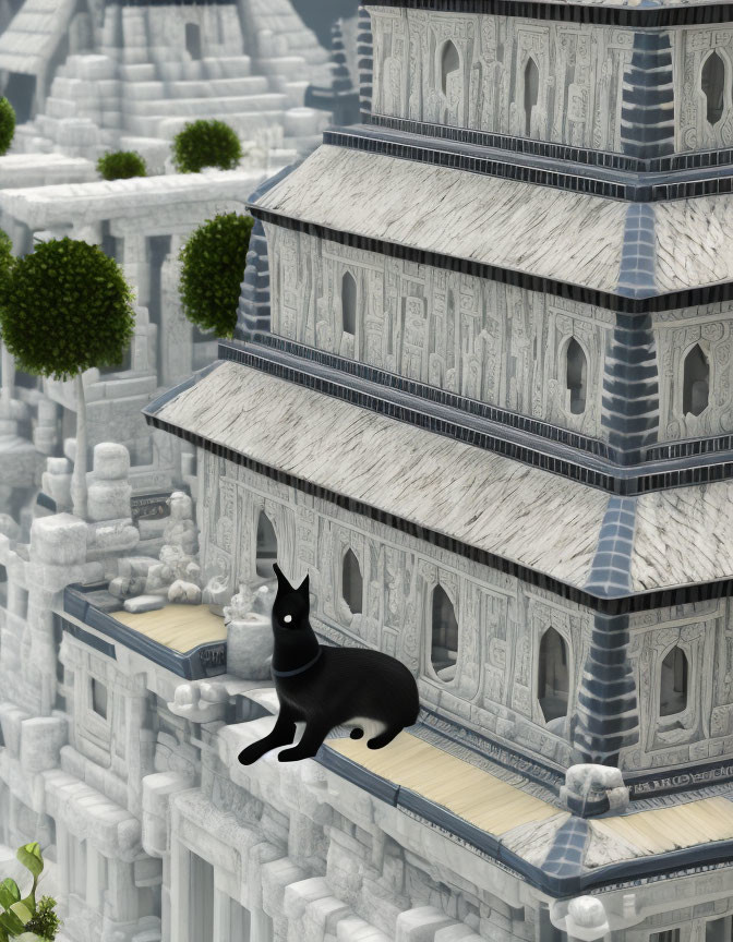 Black cat on ornate stone ledge among ancient buildings