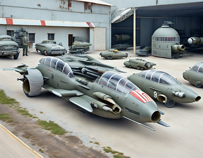 Futuristic Military Compound with Vintage-Inspired Aircraft