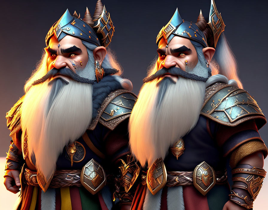 Stylized animated dwarf warriors in blue and silver armor