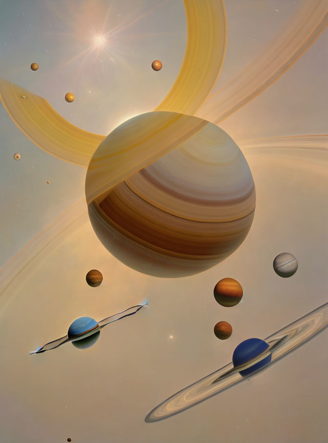 Illustration of planets with rings and moons in starry sky