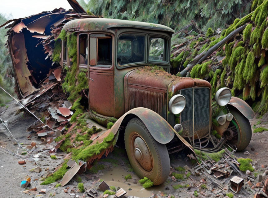 Abandoned rusted car in front of wrecked building