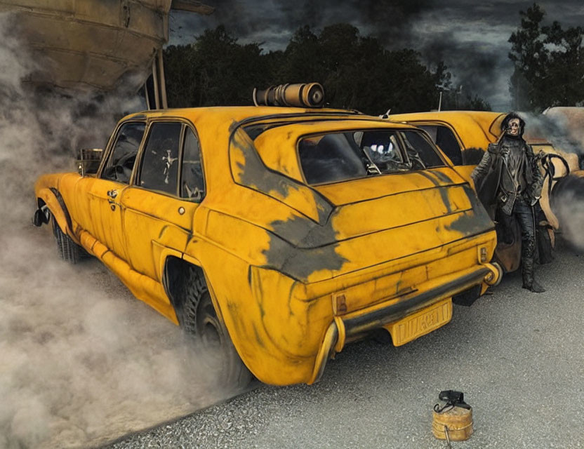 Dystopian outfit next to modified yellow car with mounted cannon