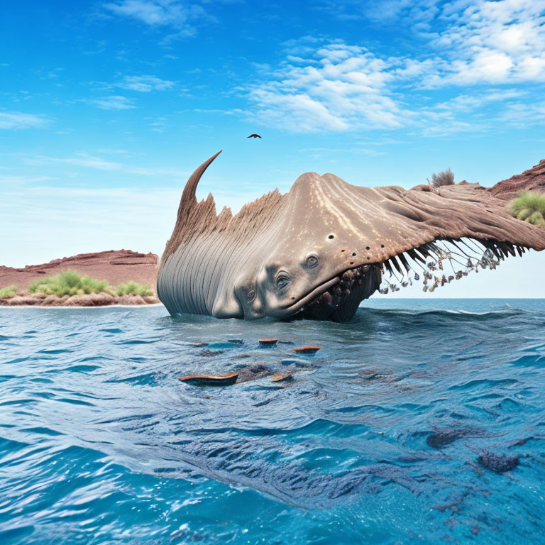 Humpback whale breaching near red rock coastline under blue sky