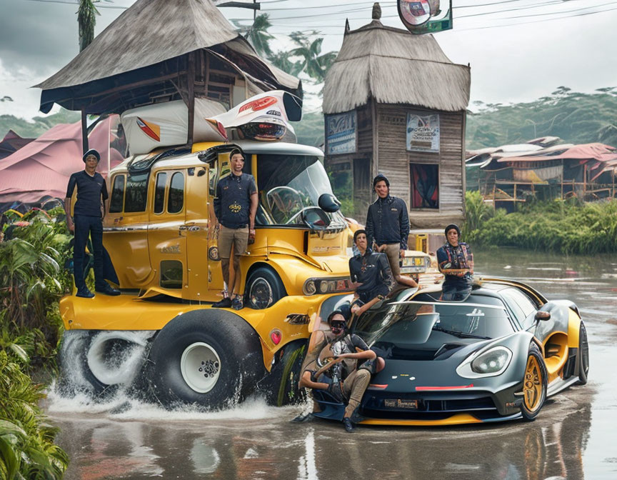 Crowd around sports car and vintage jeep in flooded street with traditional houses.