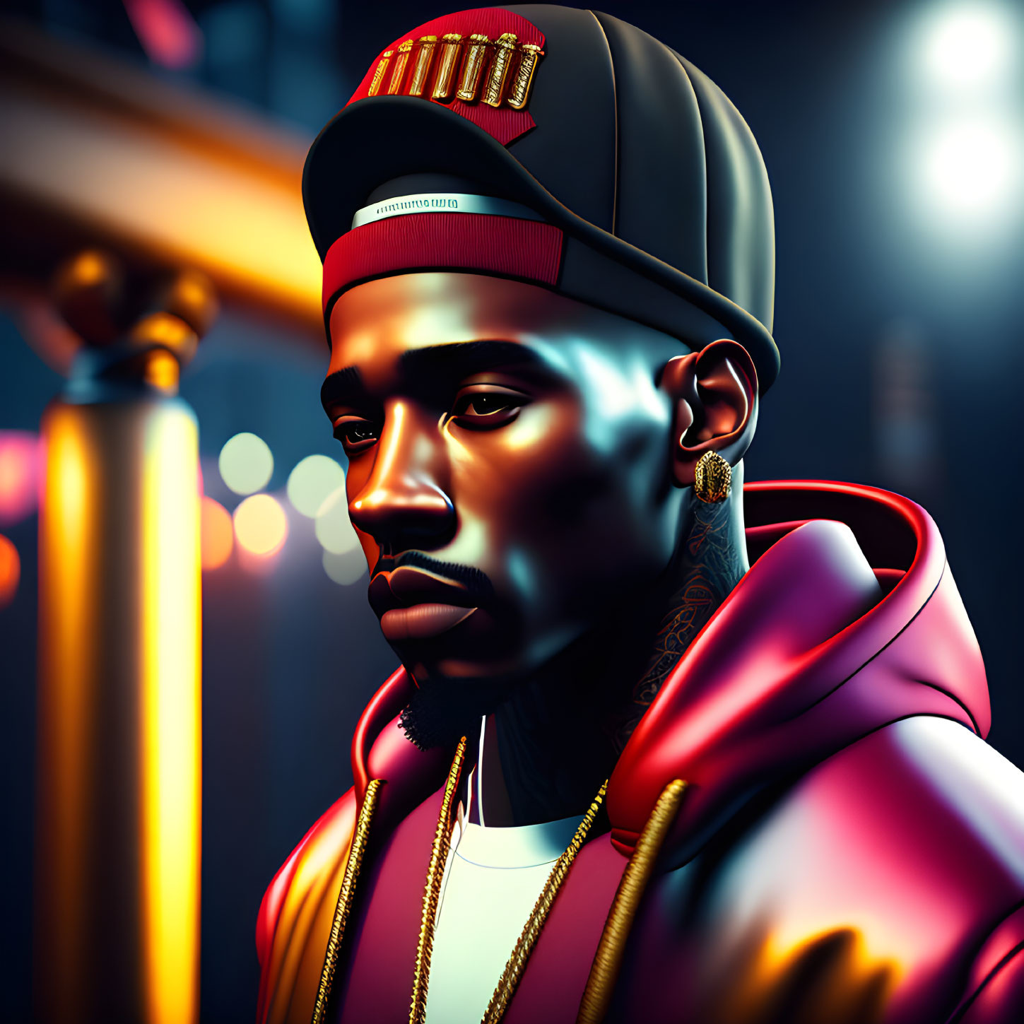 Digital portrait of a man with beard and cap in pink hoodie, set in urban night scene