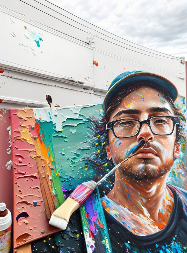 Vibrant mural featuring man with paintbrush and colorful splashes