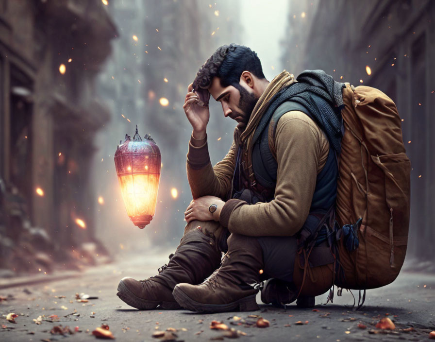 Traveler Contemplating on Empty Street with Embers and Leaves