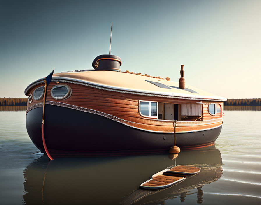 Rounded wooden boat on calm waters at sunset