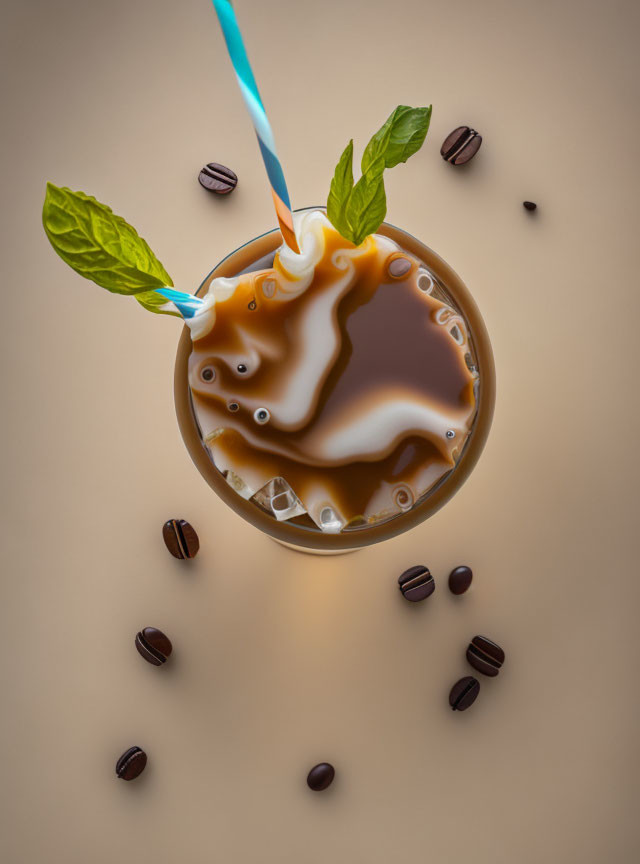 Creamy iced coffee with mint leaf, straw, and coffee beans on beige surface