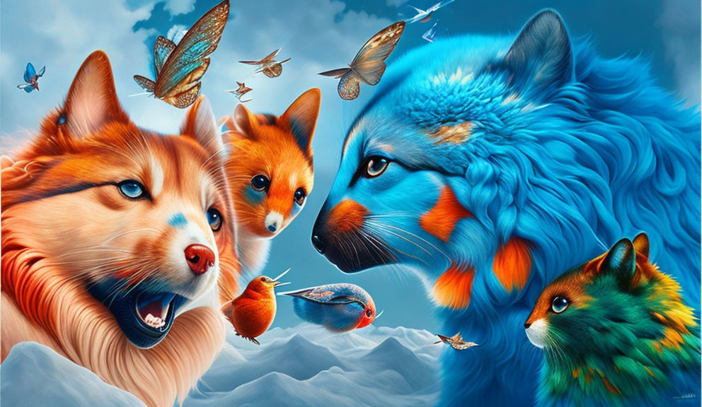 Colorful Digital Artwork Featuring Siberian Husky and Wildlife on Sky Blue Background