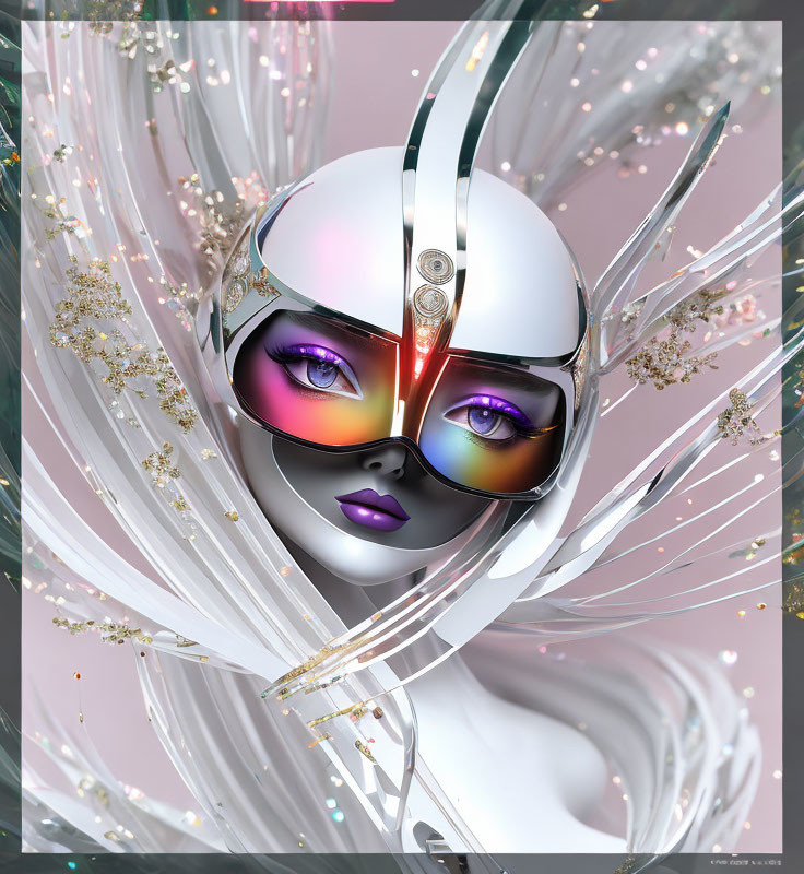 Futuristic digital artwork of female figure with silver mask and purple eyes