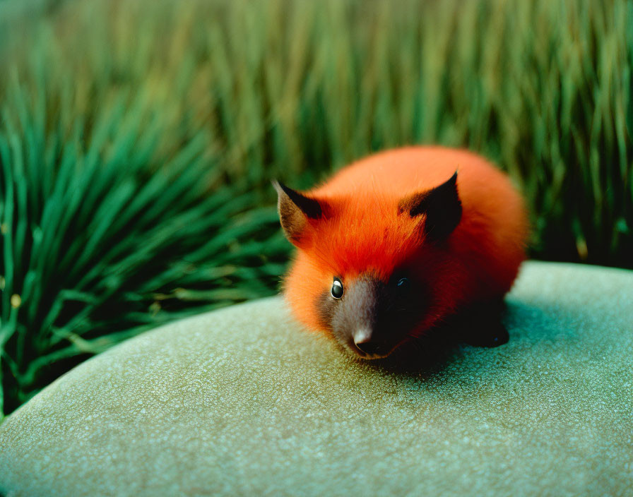 Red Fox Toy with Fluffy Body and Black Eyes on Frost-Covered Rock