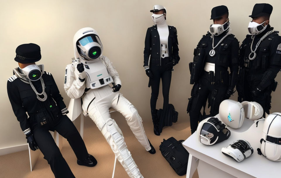 Five individuals in futuristic law enforcement attire in beige room