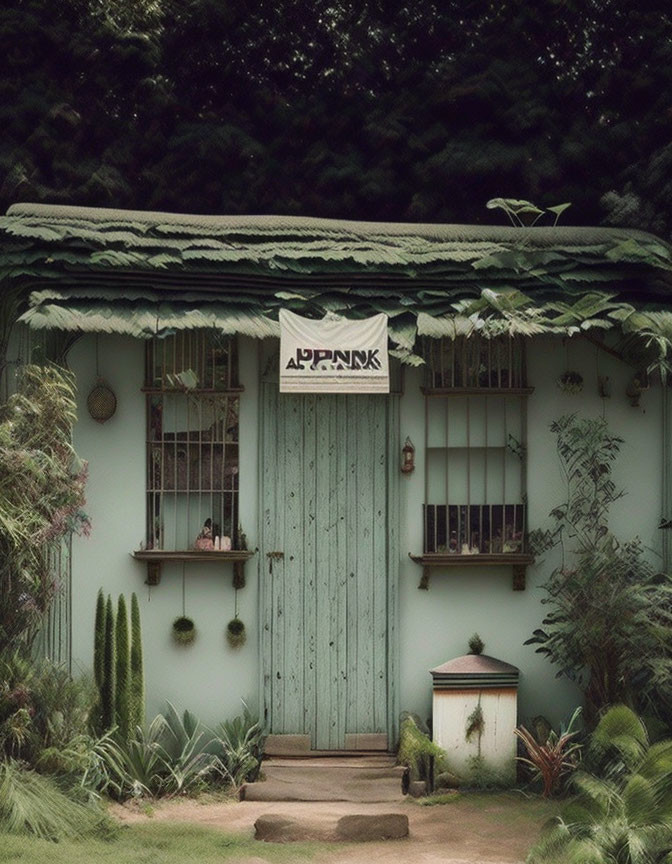 Teal corrugated roof house nestled in lush greenery